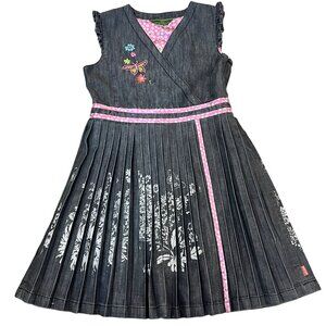 Oilily Girls 9-10 Denim Dress Floral Embroidery Butterfly Pink Accents Pleated S
